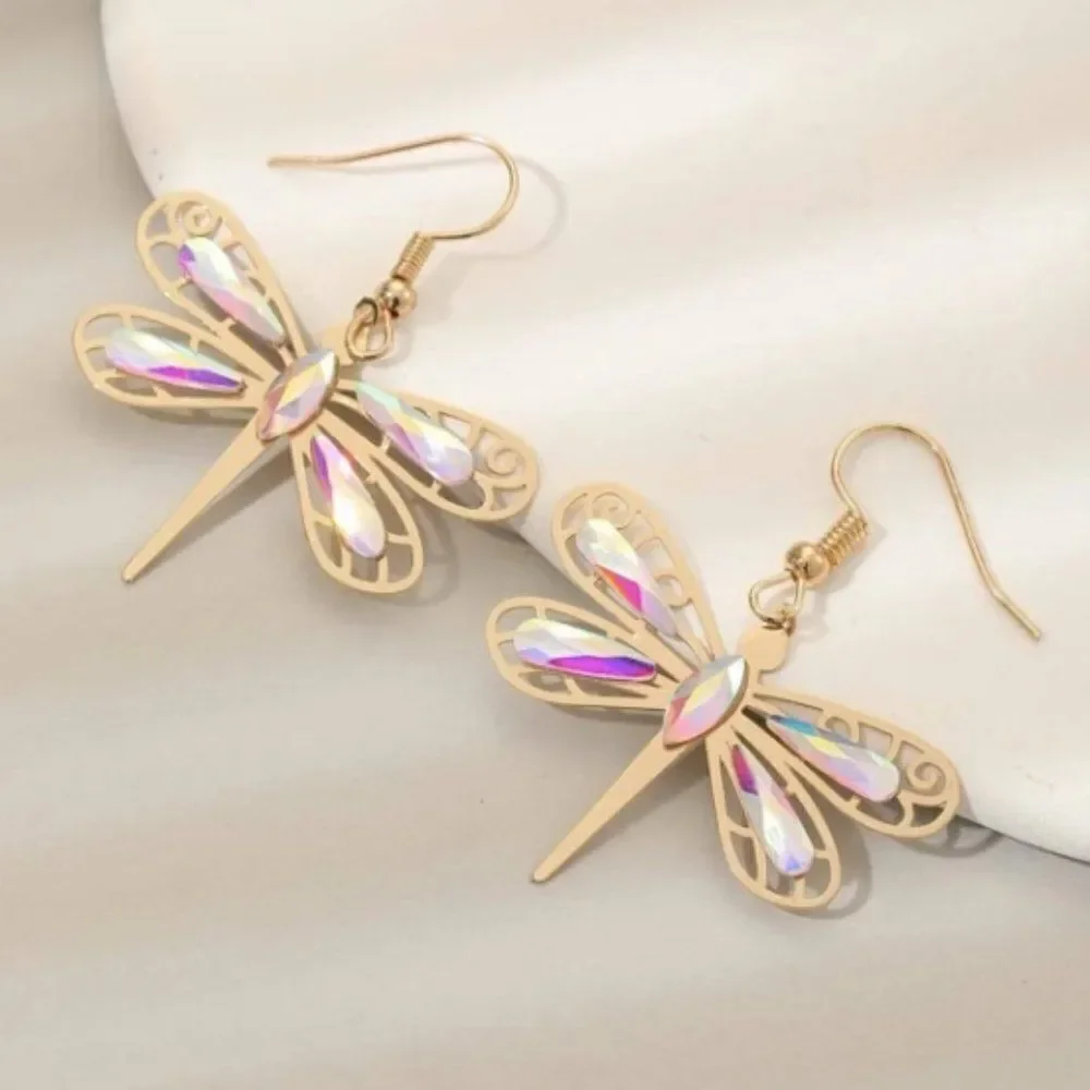 🔅🆕🔅 Boho Iridescent Yellow Gold  Dragonfly Drop Earrings✨